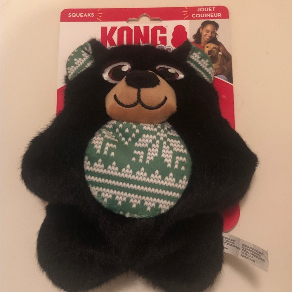 KONG Snuzzles Black and Green Plush Bear Dog Toy Holiday Squeaks